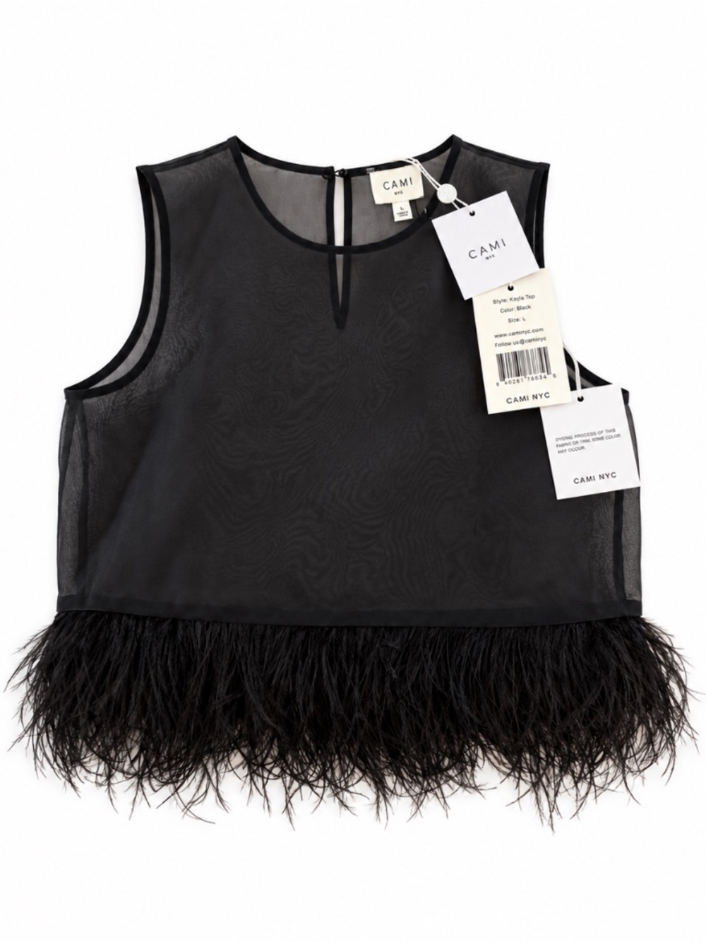 NWT CAMI NYC Kayla Black Sheer Feather Trim Top Size L